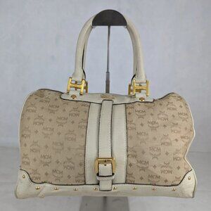 MCM Munchen Visetos Coated Canvas Bowler Monogram Beige Top Handle Boston Bag